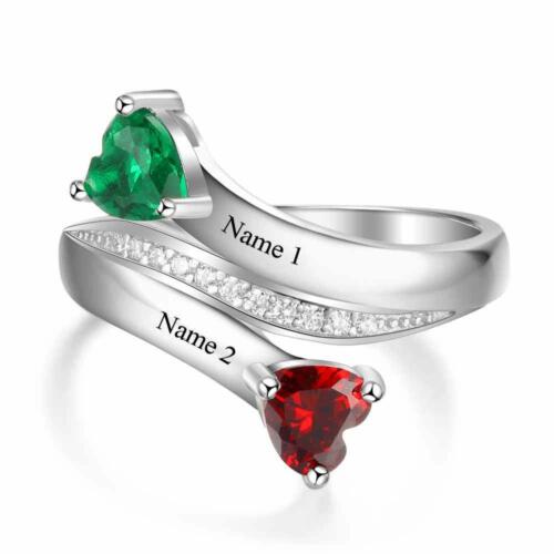 Personalized Sterling Silver Engraved 2 Name Heart Birthstone Rings