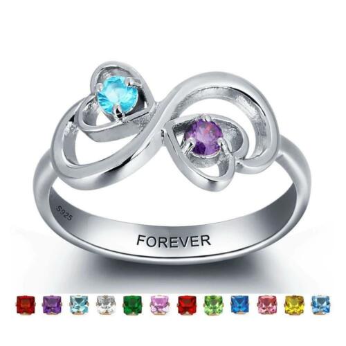 Personalized Sterling Silver Infinity Love Rings – Custom Two Birthstones & Engrave Name